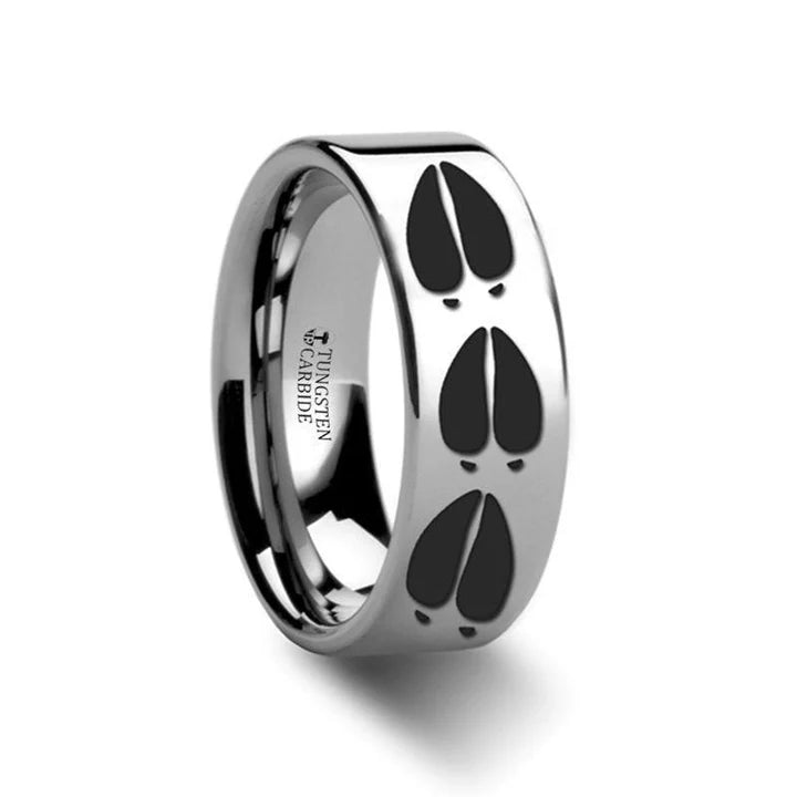 Animal Deer Track Mule Print Engraved Flat Tungsten Carbide Wedding Ring - 4mm - 12mm