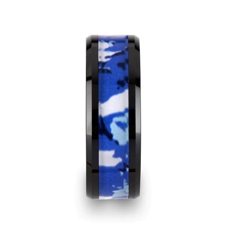 Blue and White Camouflage Black Ceramic Wedding Ring Beveled Polished Finish - 8mm