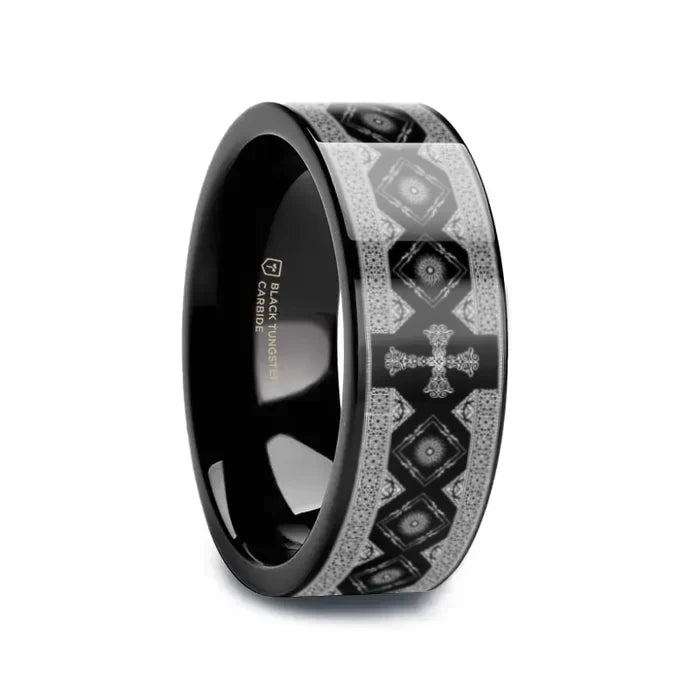 Ramu Black Flat Tungsten Carbide Wedding Ring Engraved Cross Pattern 6mm - 10mm