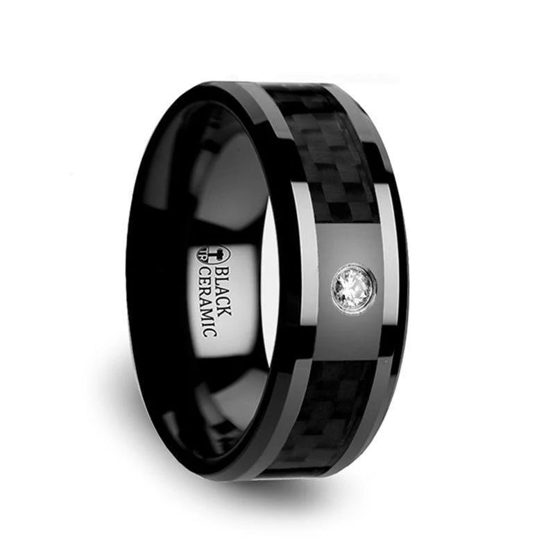 Maitland Black Ceramic Ring with Black Carbon Fiber Inlay White Diamond Setting - 8mm
