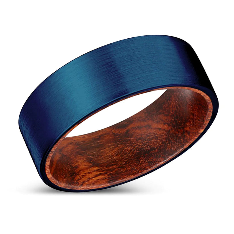 Michio Flat Tungsten Wedding Band Snake Wood Sleeve Blue Brushed - 8mm