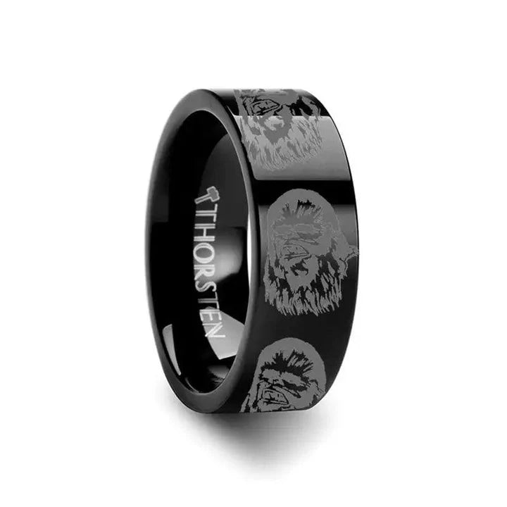 Chewbacca Star Wars Engraved Black Pipe Cut Tungsten Carbide Ring - 2mm - 12mm