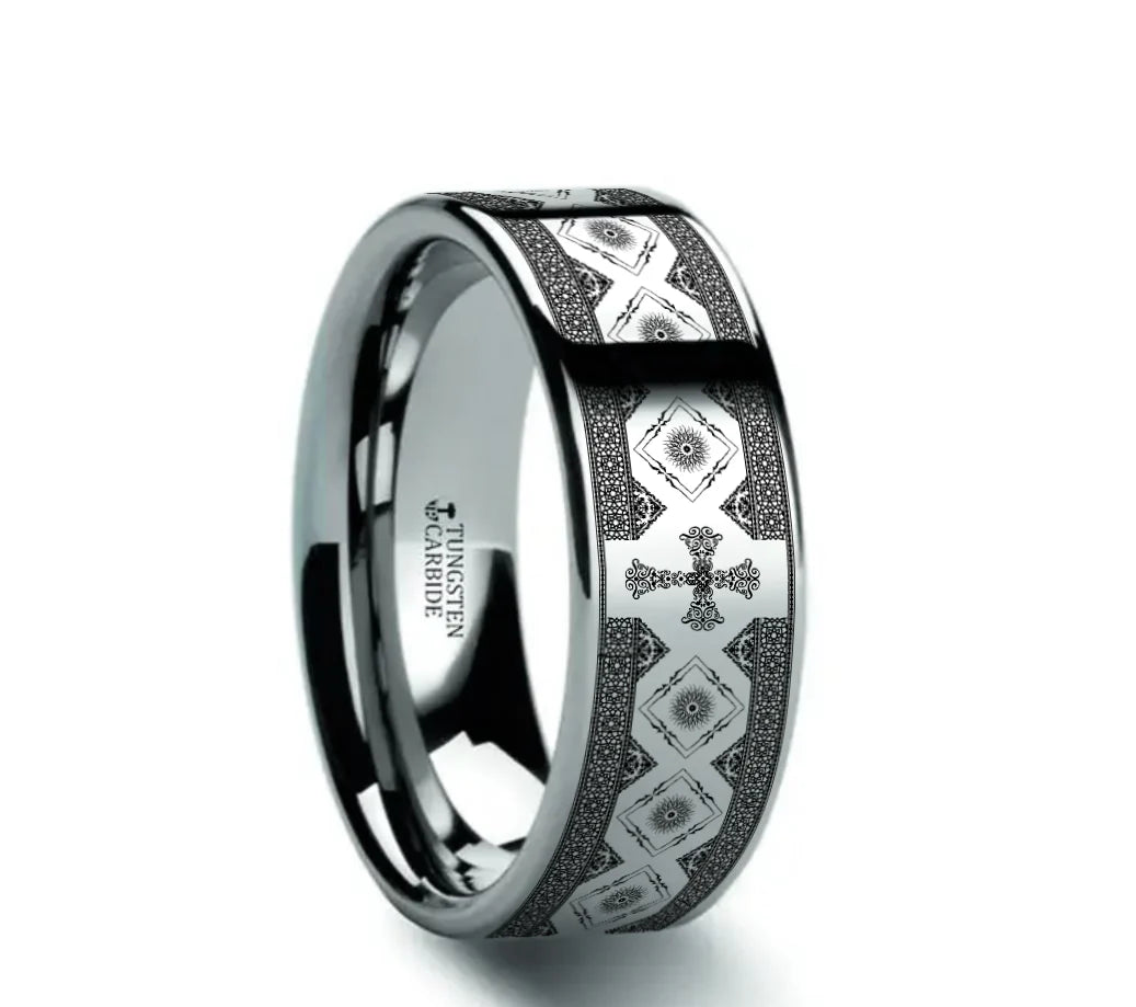 Ramla Pipe Cut Tungsten Carbide Wedding Ring with Engraved Cross Pattern 6mm - 10mm