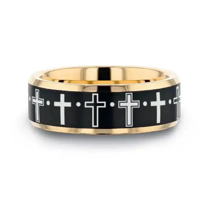 Troy gold-plated tungsten ring with engraved crosses, front view