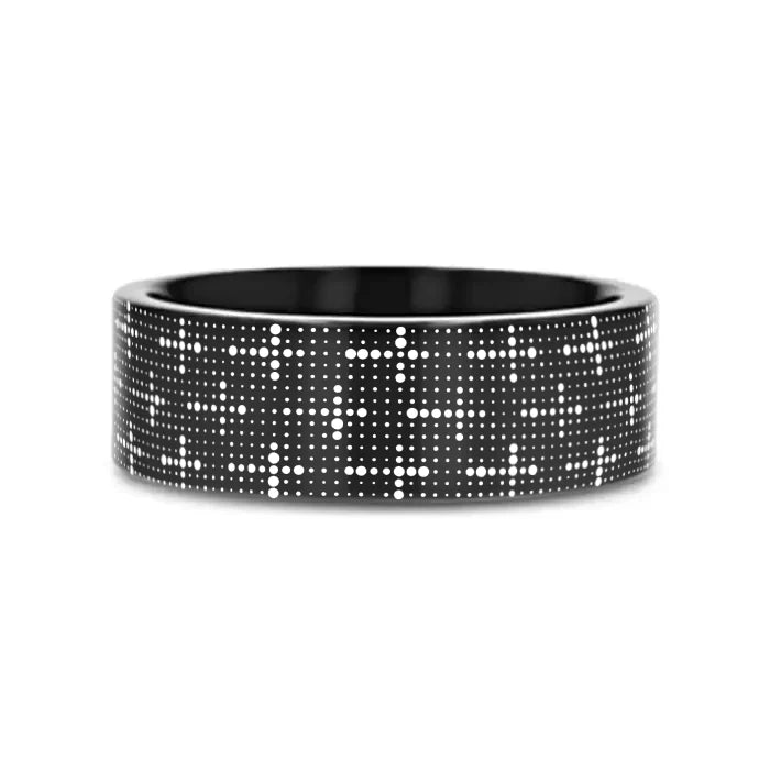 Revelin DOTTED CROSSES on Black Pipe Cut Tungsten Carbide Ring 6mm - 10mm