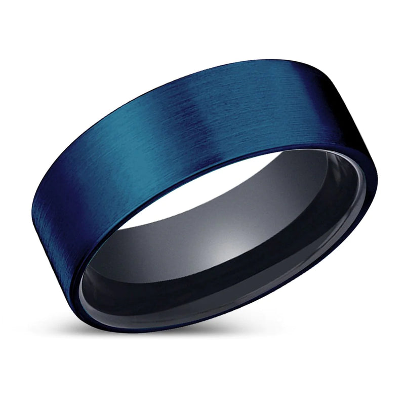 Delaware Blue Brushed Pipe-Cut Tungsten Wedding Ring Onyx Black Inside- 6mm - 10mm
