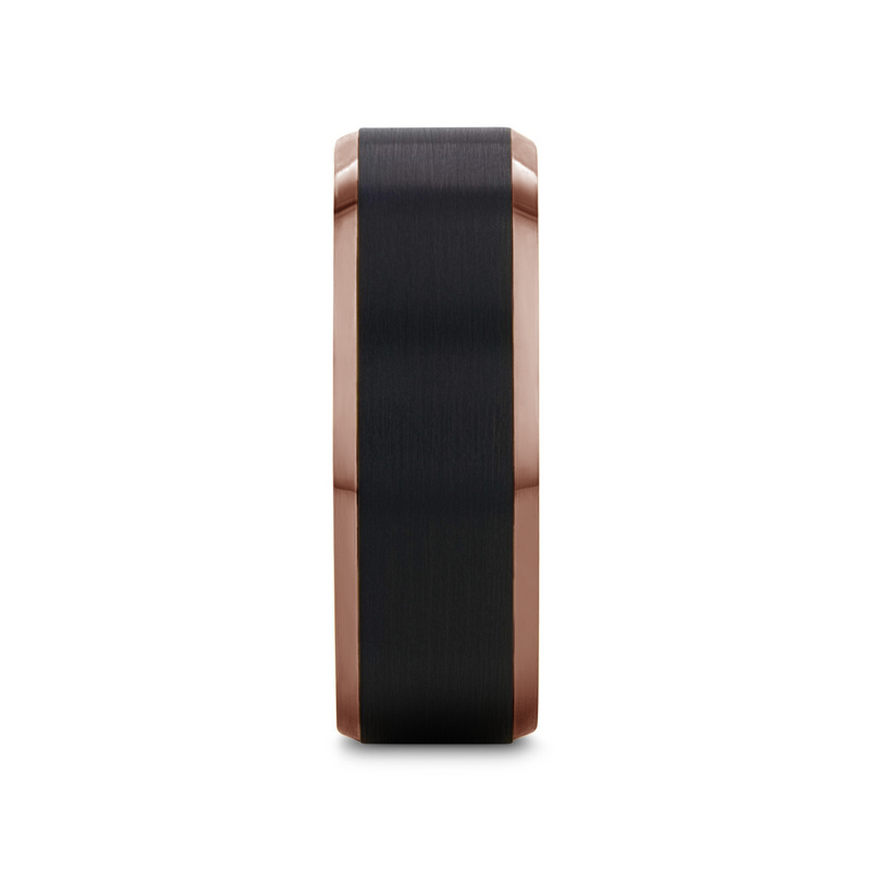Tungsten ring with rose gold polished beveled edges and brushed black center band, shown from angled side view.
