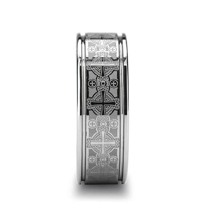 Riel Men's Flat Tungsten Carbide Wedding Ring Laser Engraved Celtic Crosses - 8mm