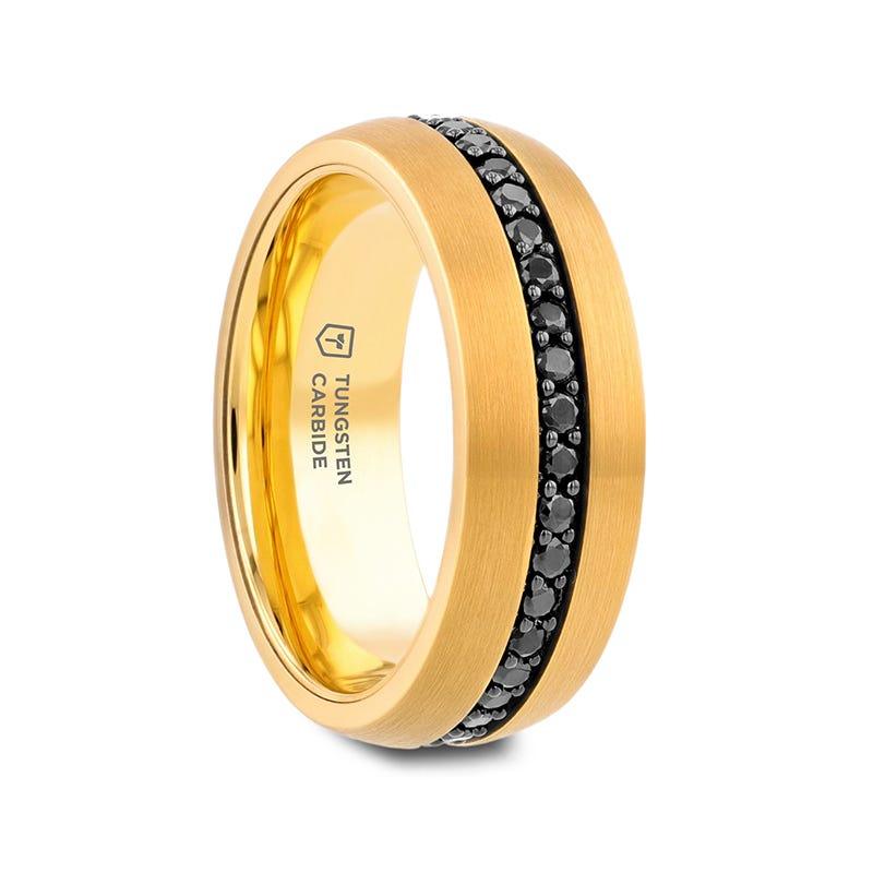 Nayan Domed Gold Plated Tungsten Wedding Band with Multiple Black Sapphires - 8mm