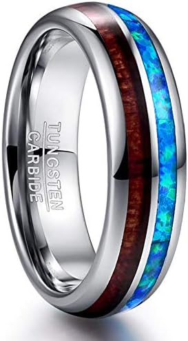 A silver tungsten carbide ring with blue opal inlay and wood pattern detailing, 8mm in width.