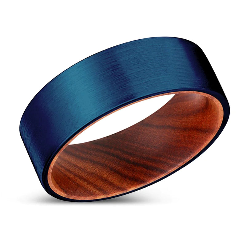 Medan Men's Pipe Cut Tungsten Ring with Iron Wood Sleeve Blue Brushed - 8mm
