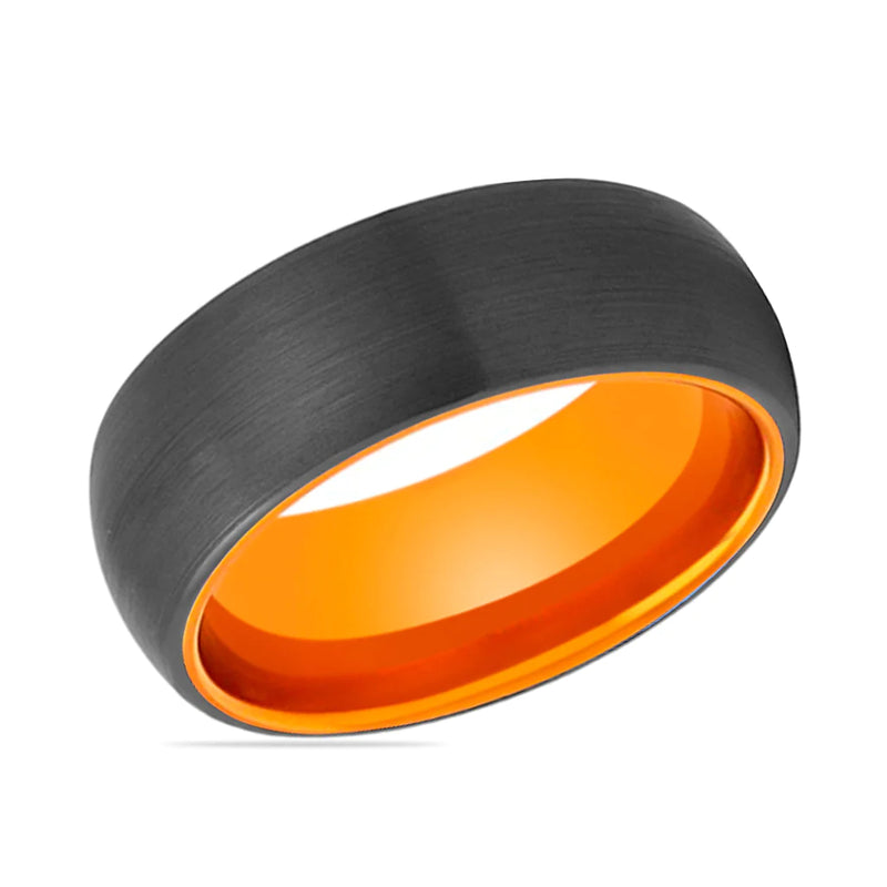 Men's Domed Black Tungsten Ring With Orange Inside & Brushed Finish 4mm - 10mm