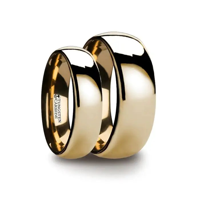 Kalani matching wedding ring set – domed gold-plated tungsten carbide with high-polish finish