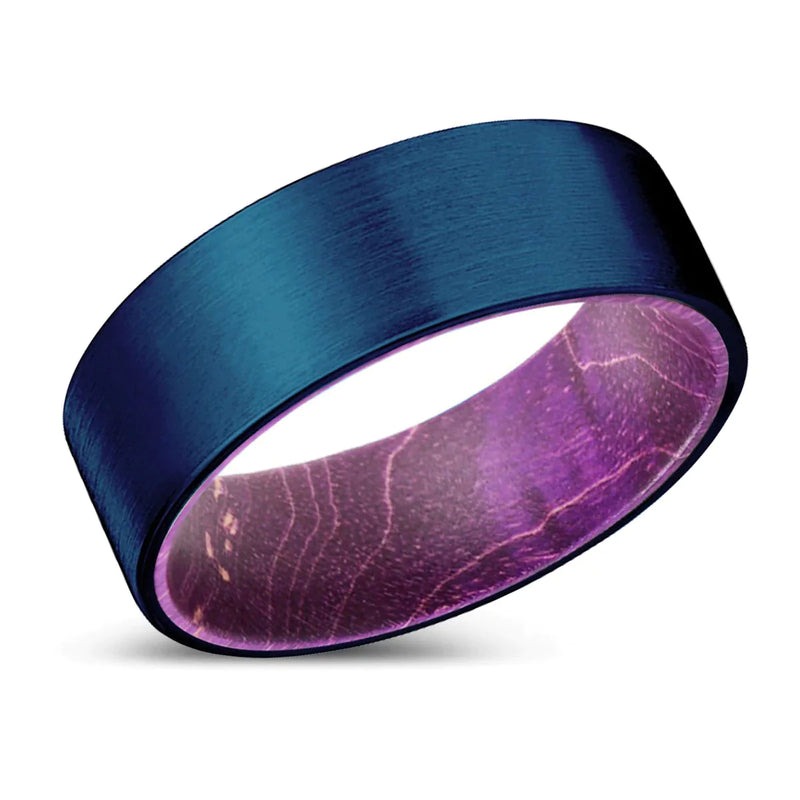 FINLAY Flat Tungsten Ring with Purple Wood Sleeve Blue Brushed - 8mm