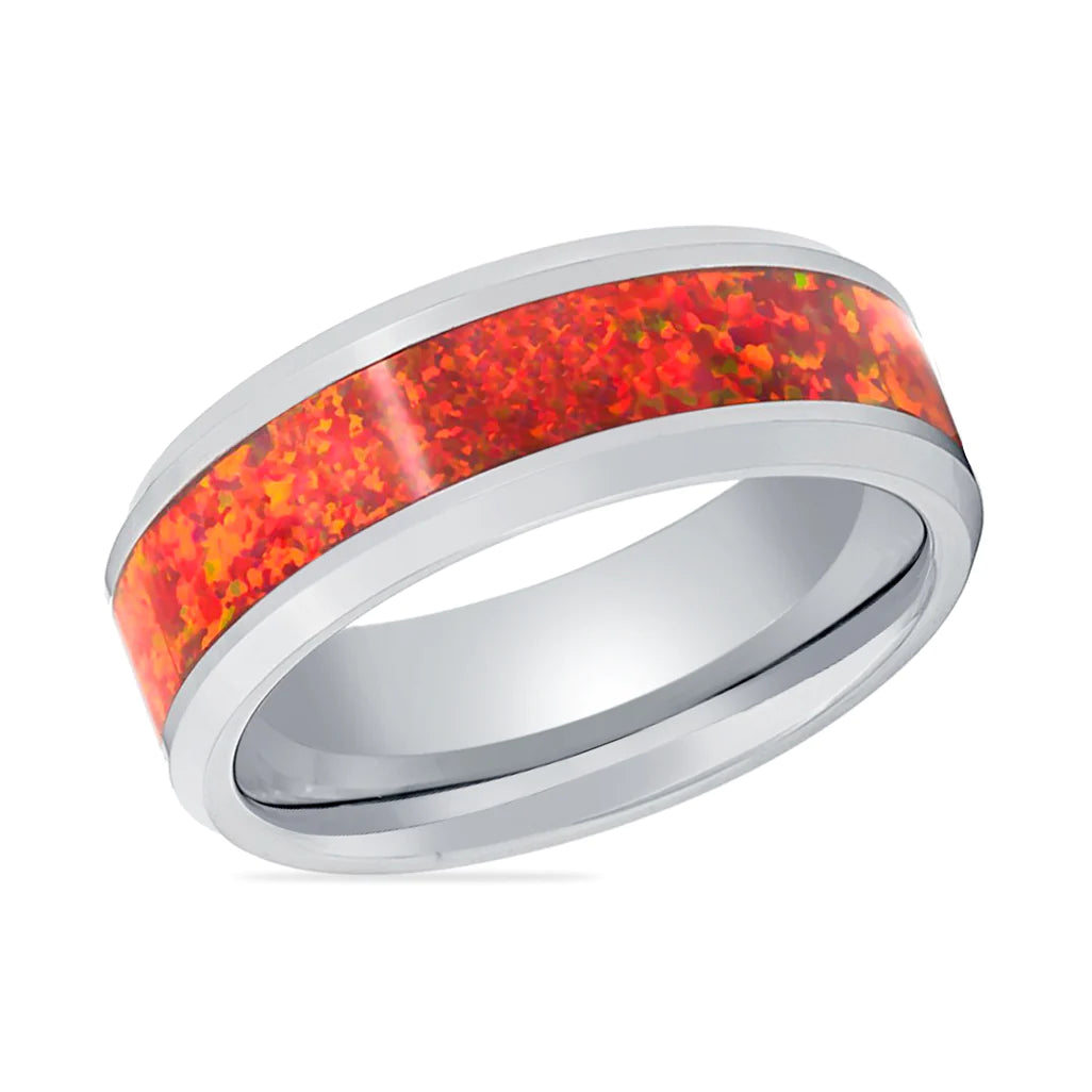 Macias Mens Beveled Tungsten Wedding Ring with Red Fire Opal 8mm