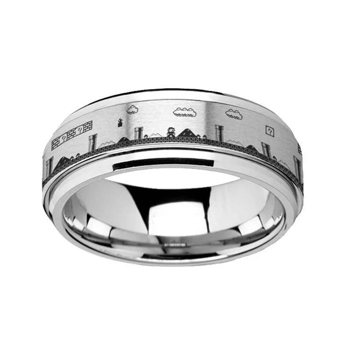 Men's Super Mario Bros Pixel Level Game Engraved Tungsten Carbide Spinner Band - 8mm