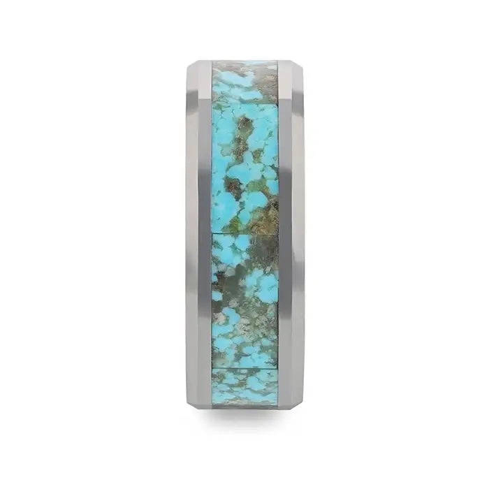 TURCHESE Light Turquoise Spider Web Inlay Tungsten Ring With Beveled Edges - 8mm