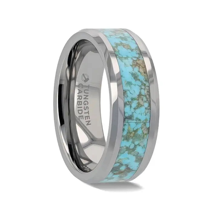 TURCHESE Light Turquoise Spider Web Inlay Tungsten Ring With Beveled Edges - 8mm