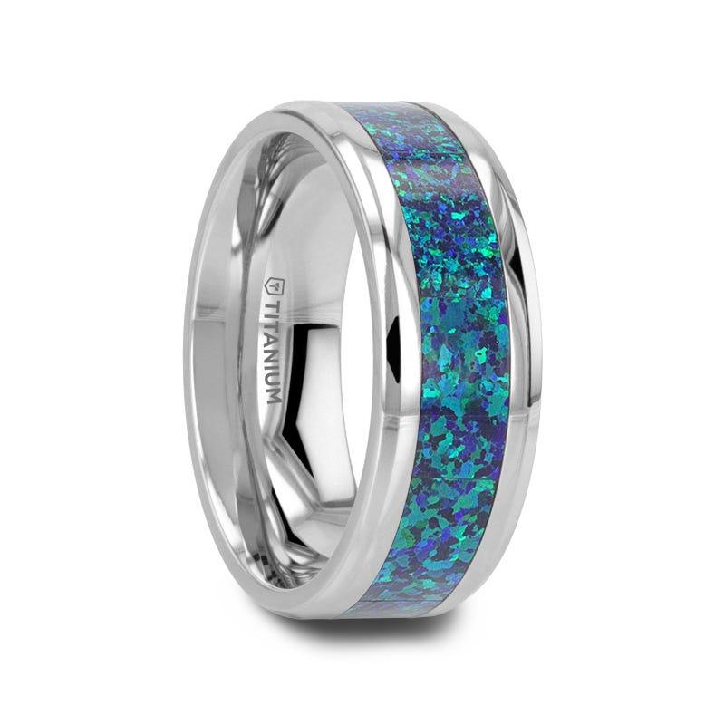 Makai Blue Green Opal Inlaid Titanium Wedding Band with Polished Beveled Edges- 8mm
