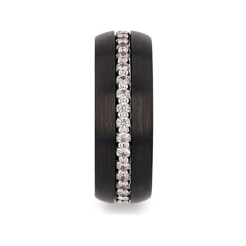 Damascus black tungsten ring with white sapphires, side view