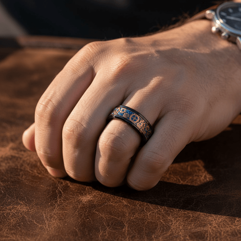 Ptah black tungsten ring with carbon fiber inlay, front view