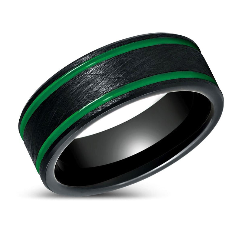 Proteus black tungsten ring with ice finish and green lines, front view