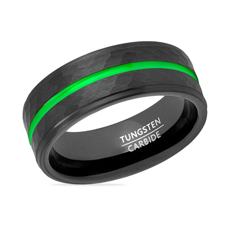 Hades black tungsten ring with green groove, front view