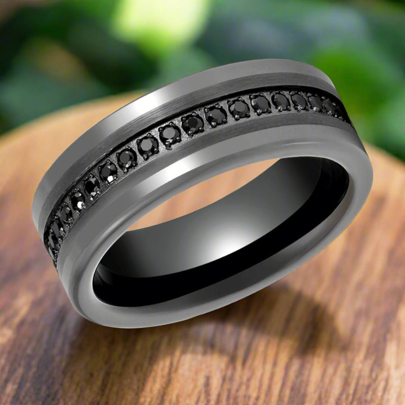Cronus gun metal tungsten ring with black CZ eternity, front view