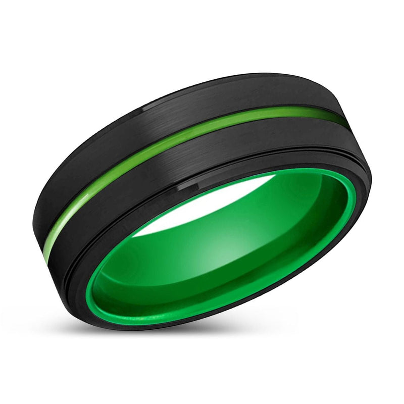 Geb black tungsten ring with green groove, front view