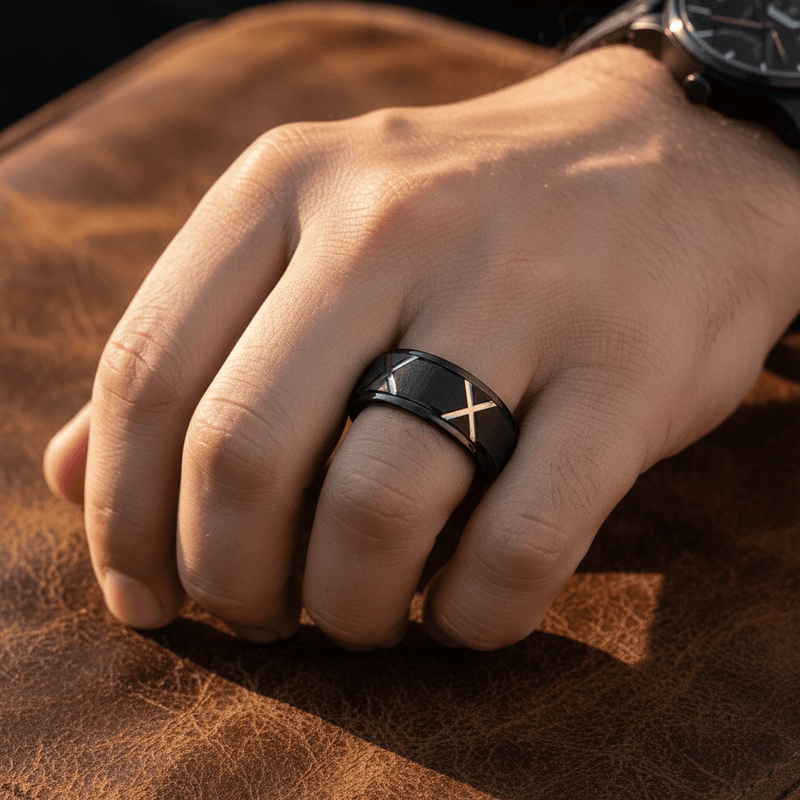 Hephaestus black tungsten ring with silver trapezoid pattern, front view