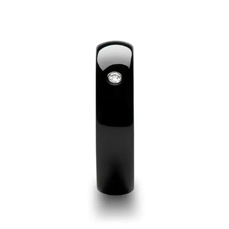 Sekhmet domed black ceramic ring with diamond, side view