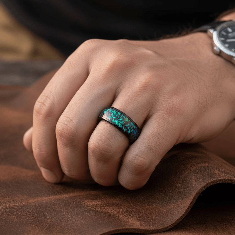 Thoth black tungsten ring with green opal and abalone inlay, front view