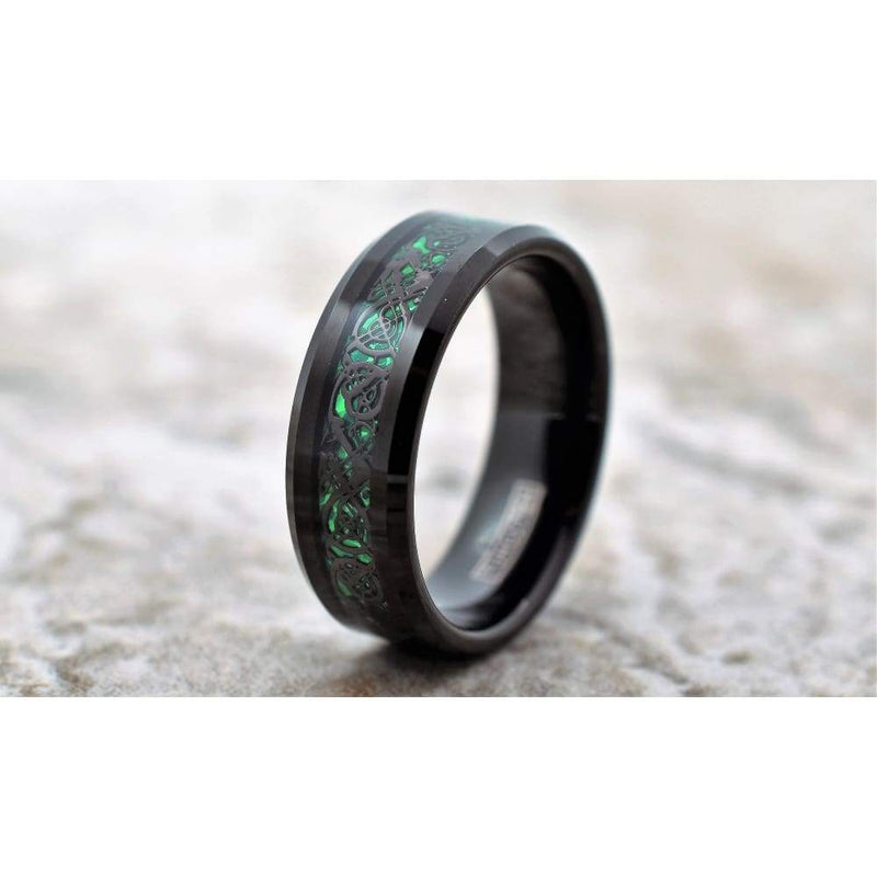 ALCANDER Black Tungsten Ring W/ Green Background Inlay Dragon Design Pattern - 8mm