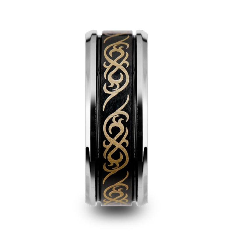 AVILIUS Celtic Pattern Tungsten Ring Dual Offset Grooves Beveled Edges - 9mm