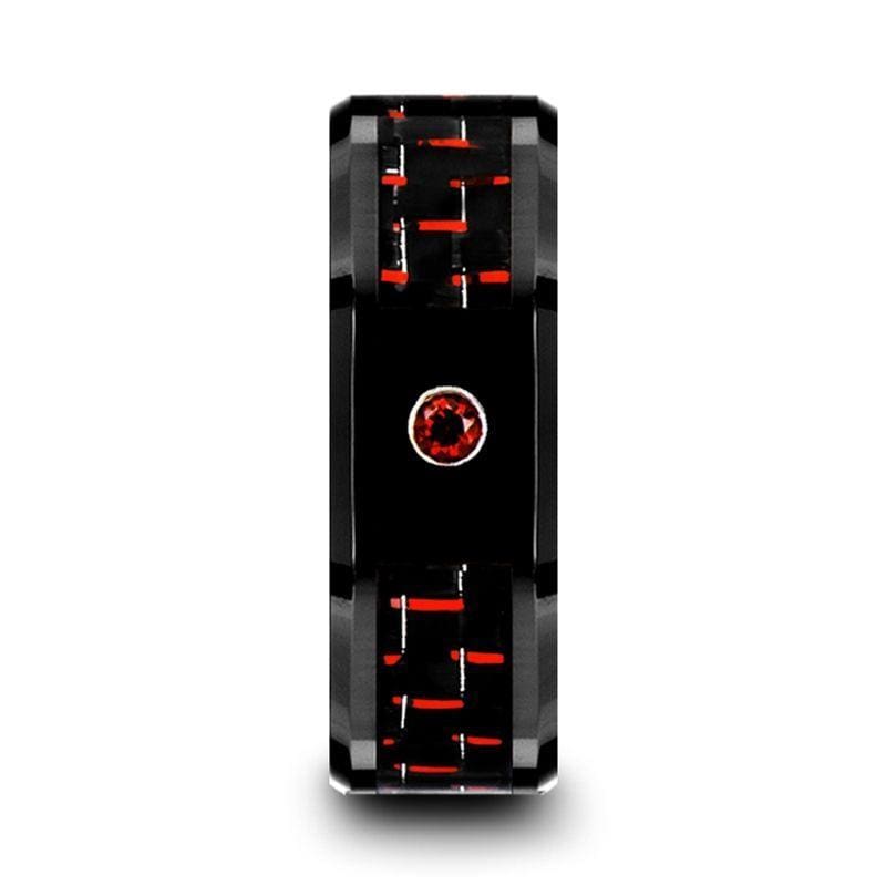 BARON Men’s Ceramic Ring With Black And Red Carbon Fiber Ruby Setting - 8mm