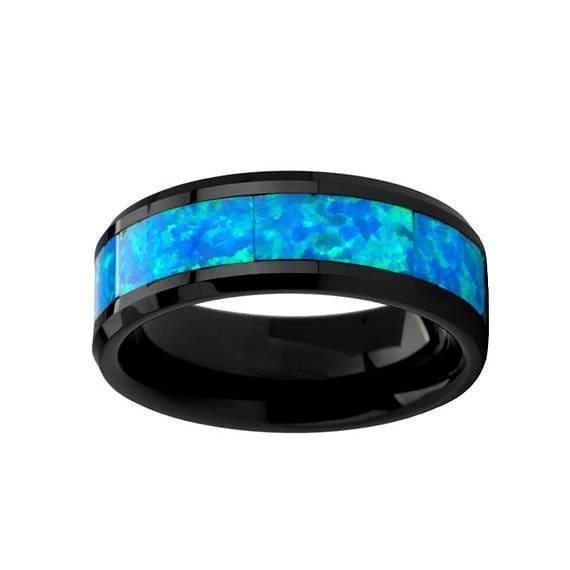 Black Ceramic Wedding Band Blue & Green Opal Inlay Beveled Polished Finish 4mm-10mm