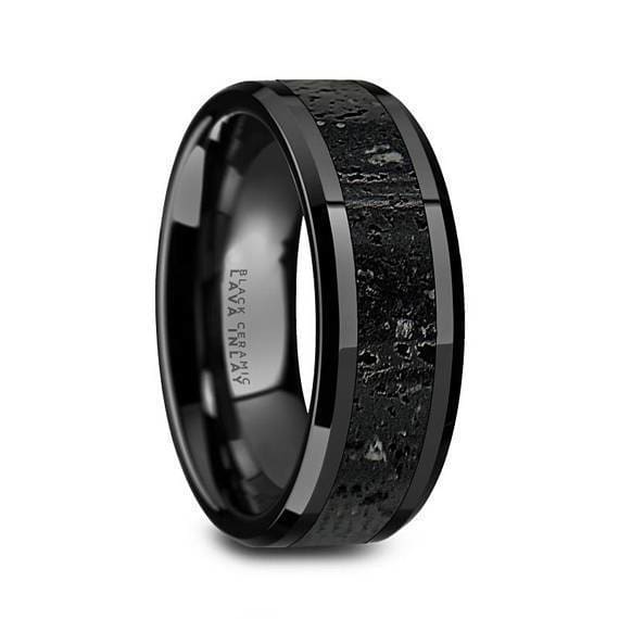 Ceramic Wedding Ring Black & Gray Lava Rock Stone Inlay Beveled Polished Finish 6mm & 8mm