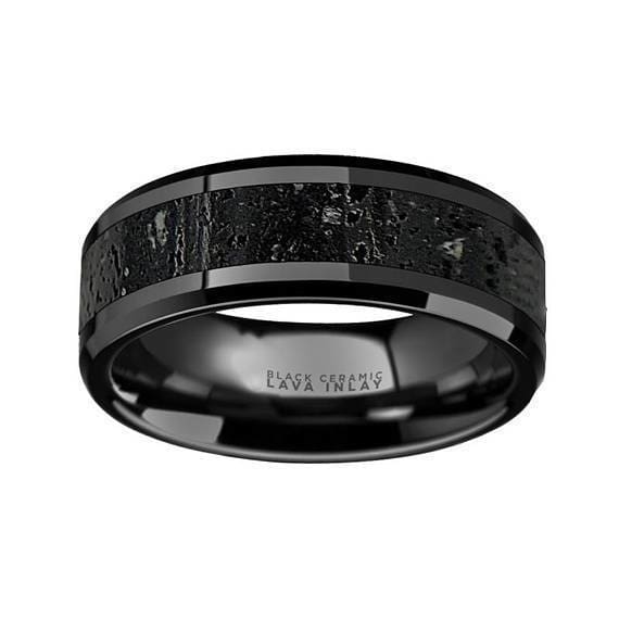 Ceramic Wedding Ring Black & Gray Lava Rock Stone Inlay Beveled Polished Finish 6mm 8mm