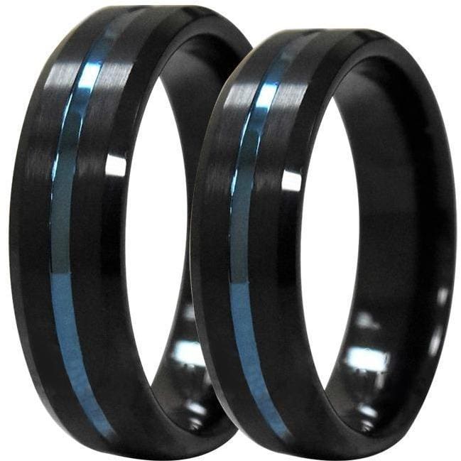 Marquise matching wedding ring set – beveled black tungsten with blue grooved center