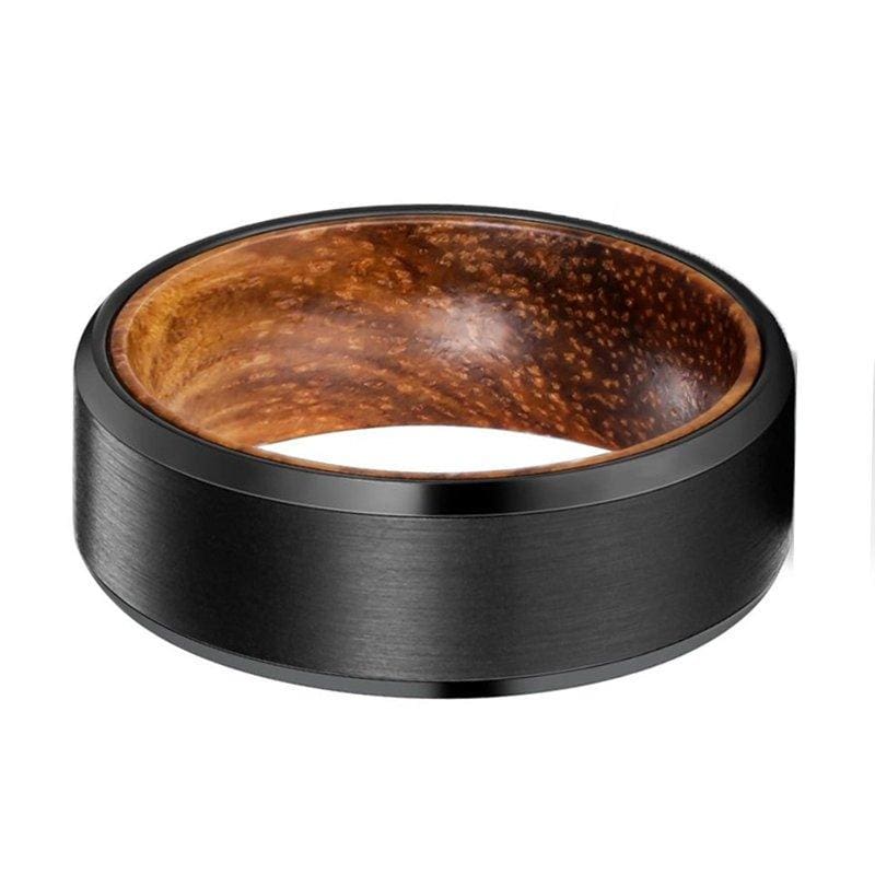 Men’s Beveled Black Tungsten Wedding Band with Zebra Wood Sleeve - 6mm & 8mm