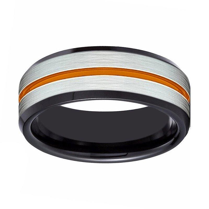 Men’s Black Tungsten Carbide Ring with Brushed Silver Center and Orange Groove 8mm