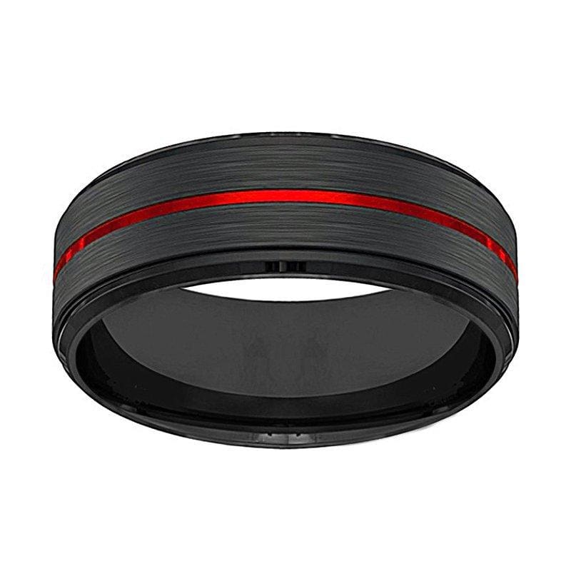 Men’s Black Tungsten Carbide Wedding Band With Fire Red Grooved Center 8mm