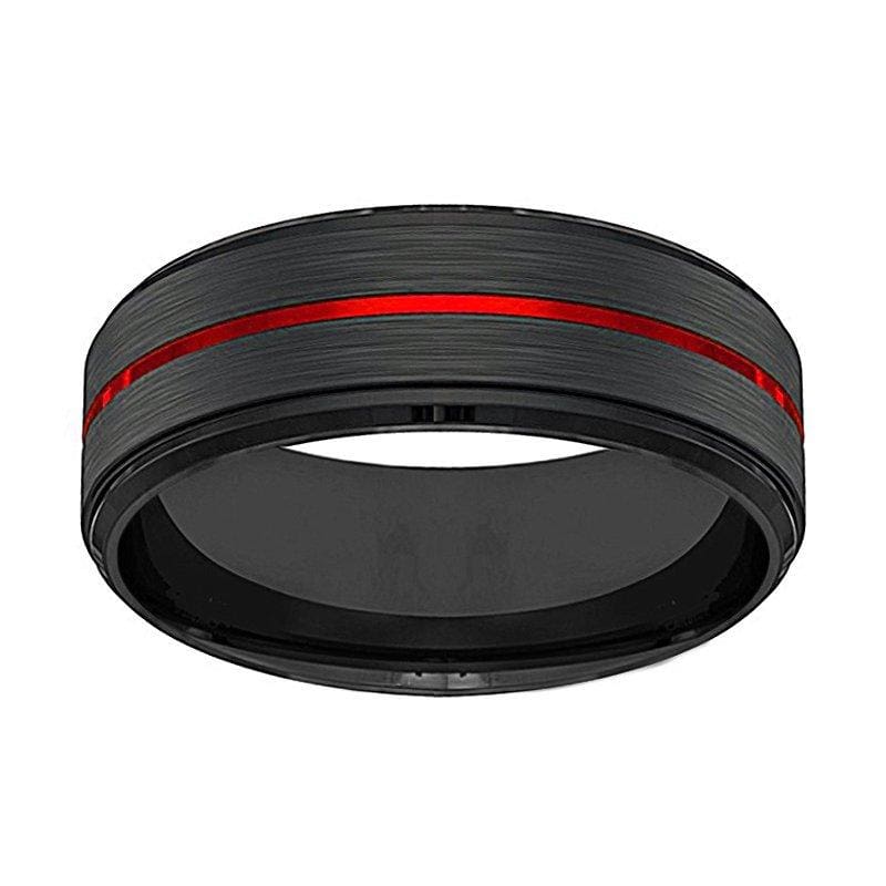 Men’s Black Tungsten Carbide Wedding Band With Fire Red Grooved Center 8mm