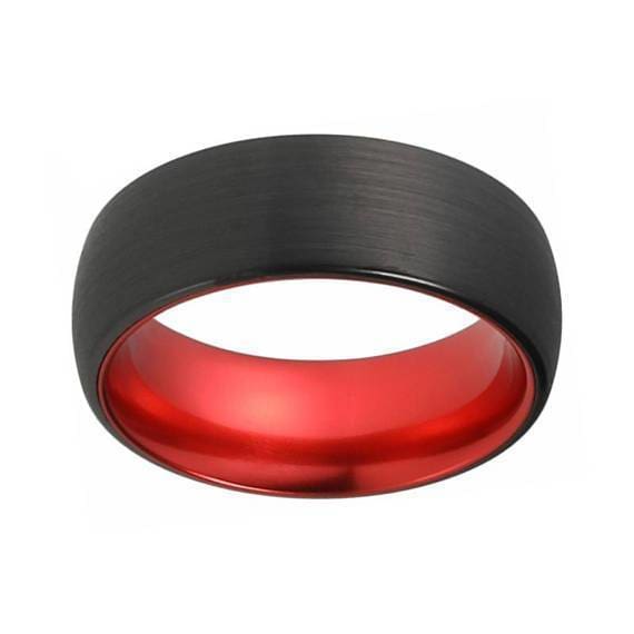 Achilleus Mens Black Tungsten Wedding Ring Fire Red Inside & Brushed Finish 4mm - 10mm
