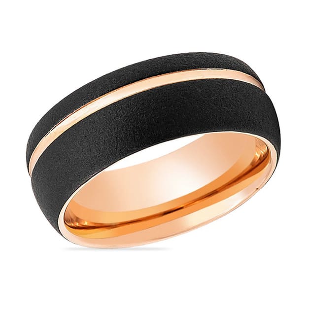 Men’s Domed Rose Gold Inlaid Tungsten Wedding Band Sandblasted Finish - 8mm