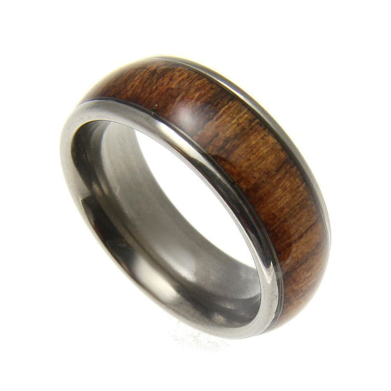 Mens Titanium Band Ring Genuine Inlay Hawaiian Koa Wood Comfort Fit Dome Style - 8mm