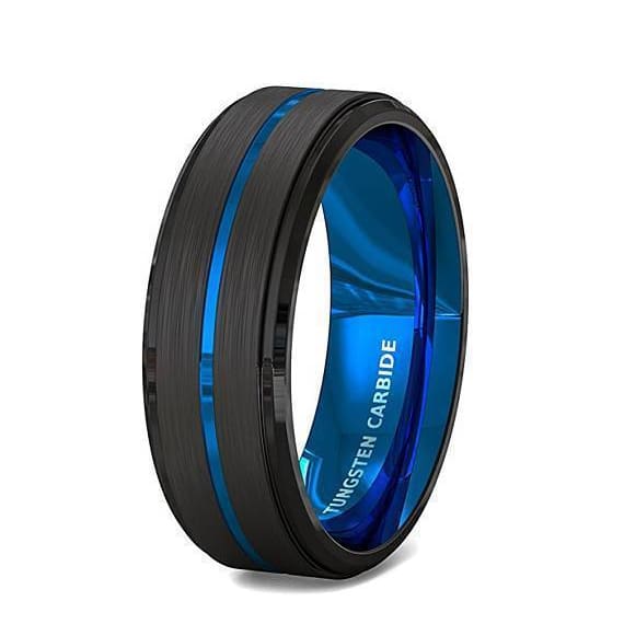 Men's Tungsten Carbide Ring with Black Brushed Thin Blue Groove Step Edges  8mm