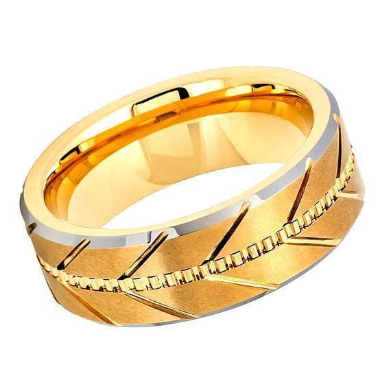 Mens Tungsten Ring Rose Gold Brushed Center Beveled Edge Zipper Grooved - 8mm
