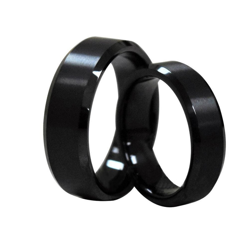 Mercer matching wedding ring set – black tungsten with brushed center and polished beveled edges