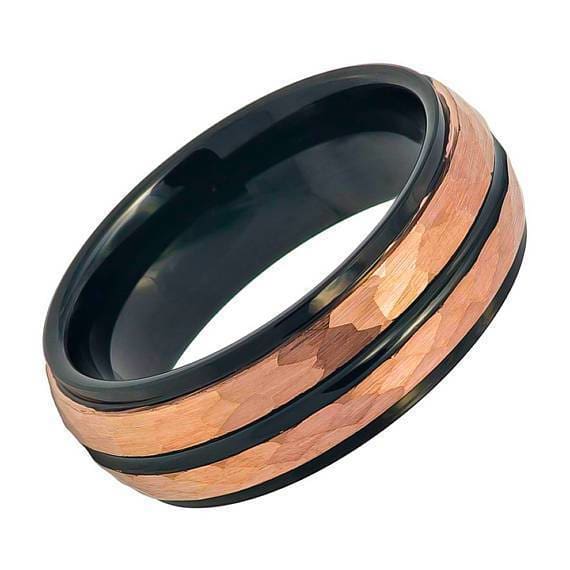 Rose Gold Hammered Finish Tungsten Two-tone with Black Center Groove S– The  Artisan Rings